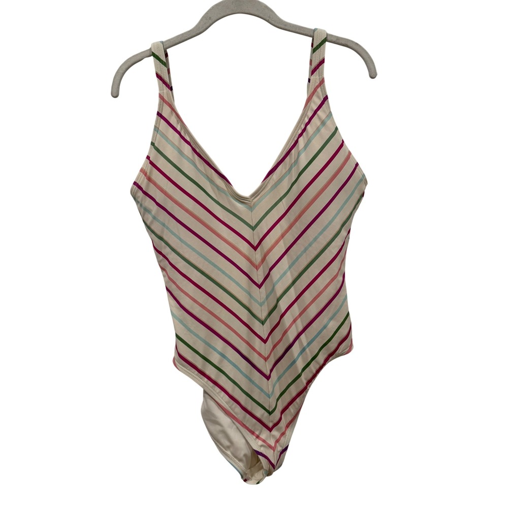 Kate‎ Spade New York One Piece Swimsuit Multi Color Chevron Stripe V-Neck Cream